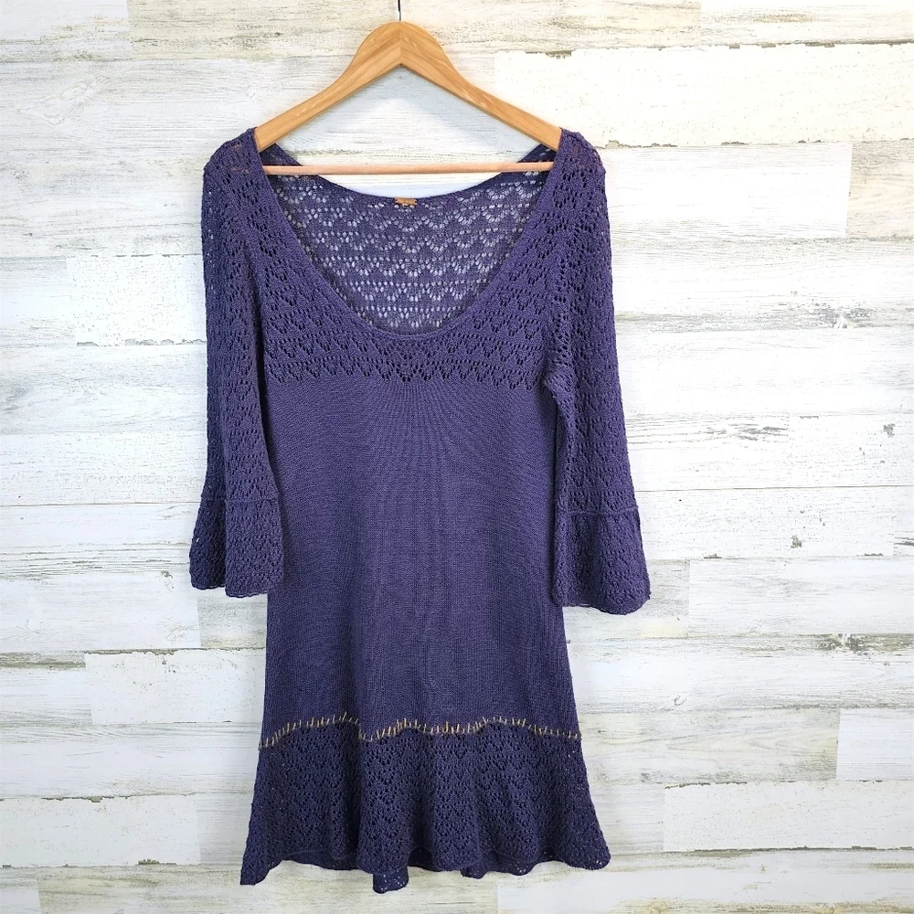 Free People Crochet Knit Flare Sleeve Mini Dress S Purple Boho Romantic Fairy